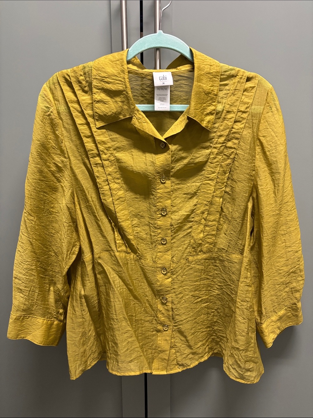 CAbi Mustard Yellow Button-Front Pintuck Blouse